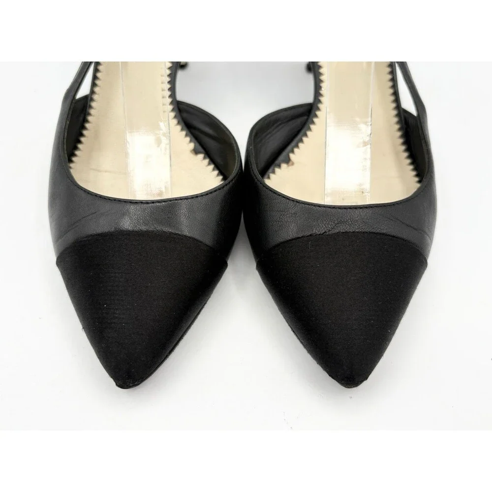 Chanel Black Slingback Heels w/ Pearl Accent Cap Toe Pointed Toe Size EU 36